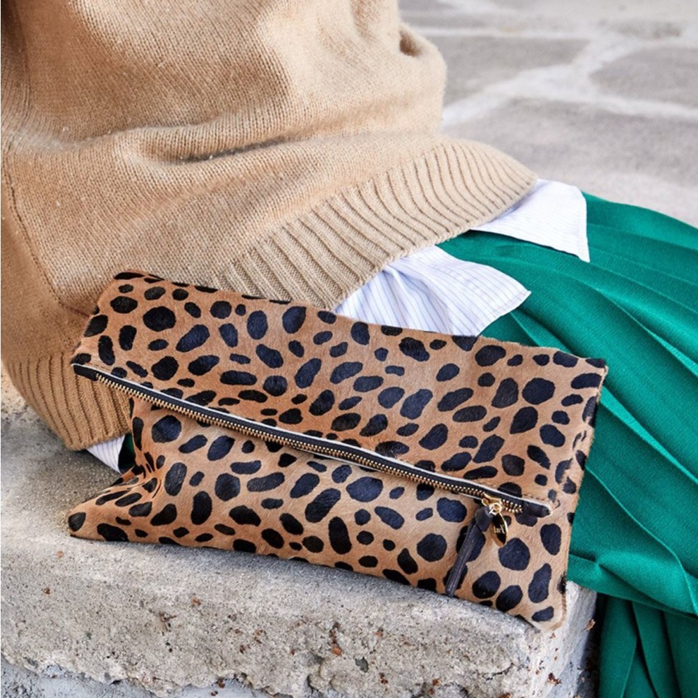 Clare V Leopard Pony Hair Foldover Clutch with Dust Bag